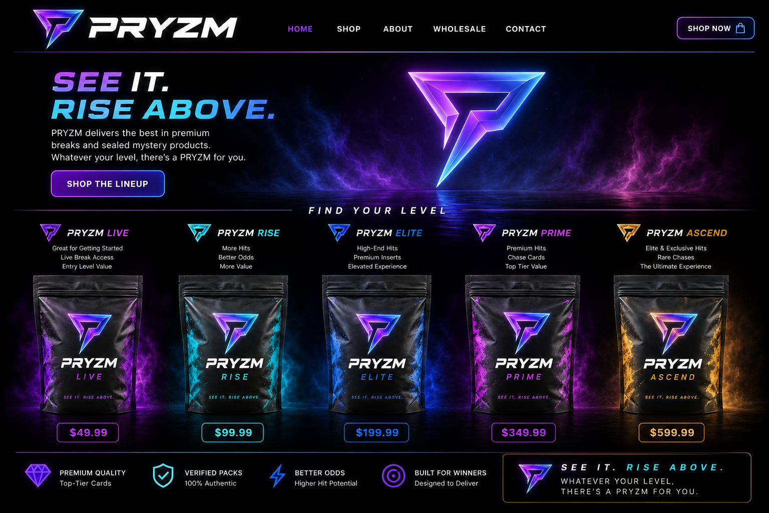 PRYZM website design showing Live, Rise, Elite, Prime, and Ascend mystery bags with prices.